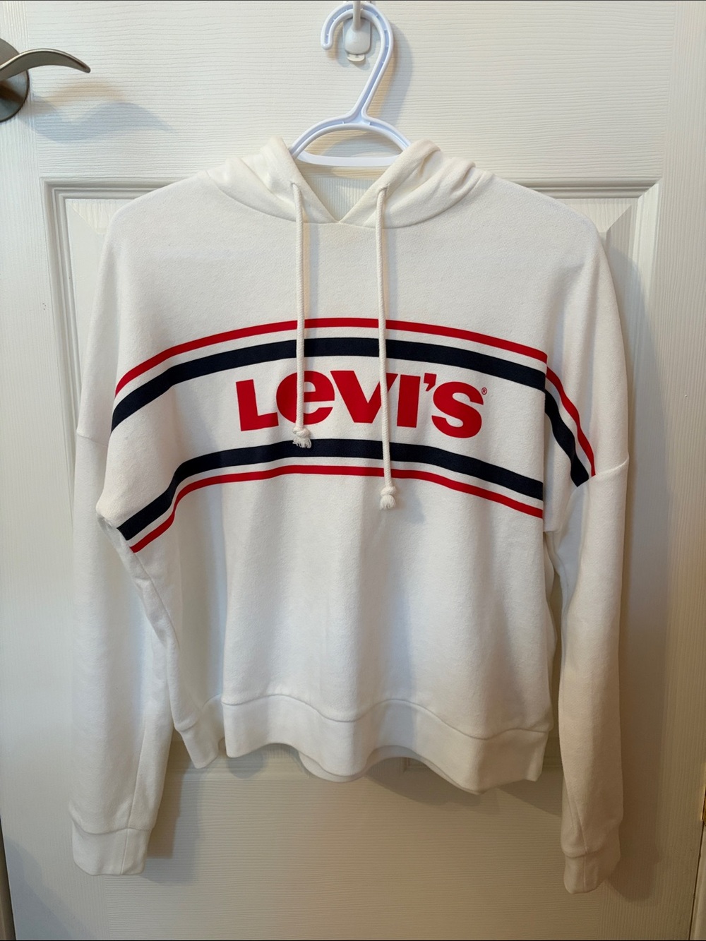 Women’s Levi's White Crewneck Hoodie with Red & Navy Stripes